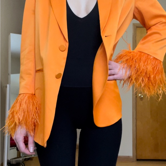 Orange Satin Zara blazer with feather trim wrists. - Picture 5 of 5
